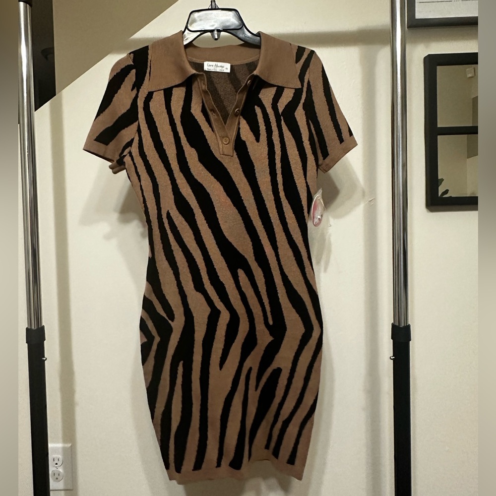 Love Always by FCT Junior’s Brown Sweater Dress with Black Zebra Stripes